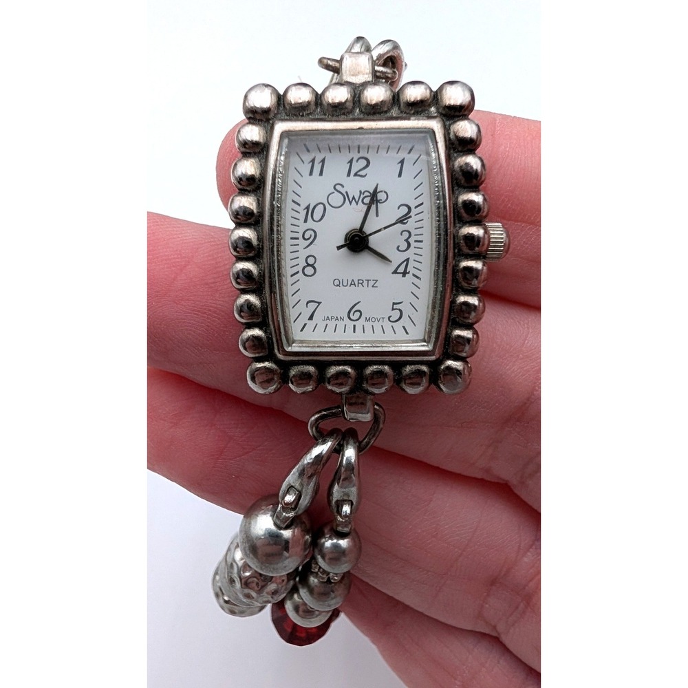 Swap Quartz Watch Womens Silver Tone Red Crystal Beaded Bracelet WF-10 Vintage